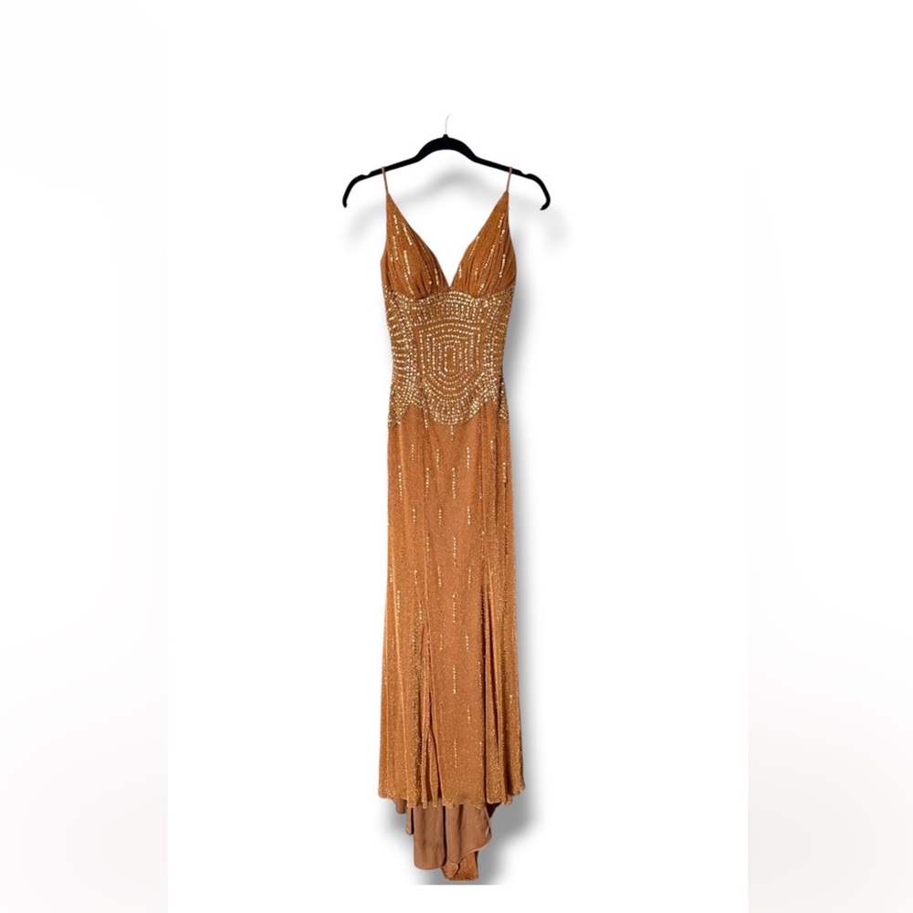 CACHE BRONZE BEADED GOLD DRESS